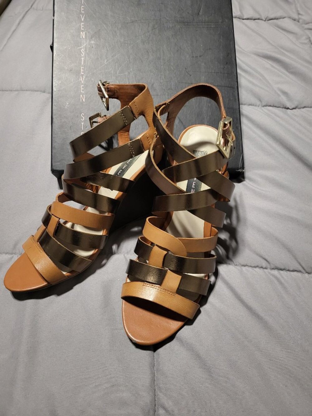 Steven New York Gold & Tan Strappy Gladiator Wedge Sandals with Box Size 8.5